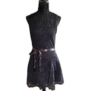 Arden B. Black High Neck Lace Mini Dress with Satin Waist Tie – Size M – NWT